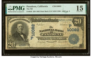 image for: Pasadena, CA - $20 1902 Date Back Fr. 649 The National Bank of Pasadena Ch. # (P)10082 PMG Choice Fine 15....