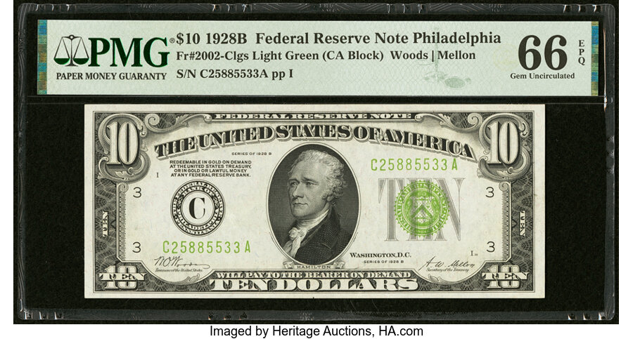 image for: Fr. 2002-C $10 1928B Light Green Seal Federal Reserve Note. PMG Gem Uncirculated 66 EPQ....