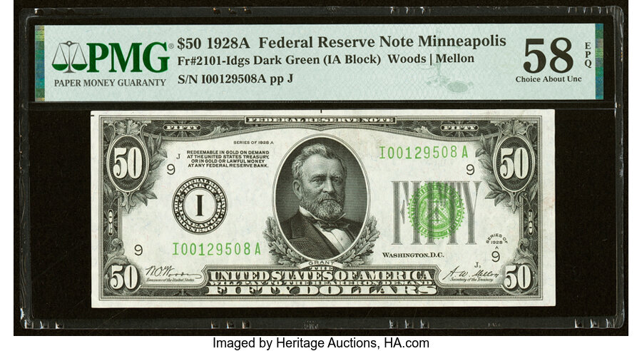 image for: Fr. 2101-I $50 1928A Federal Reserve Note. PMG Choice About Unc 58 EPQ....