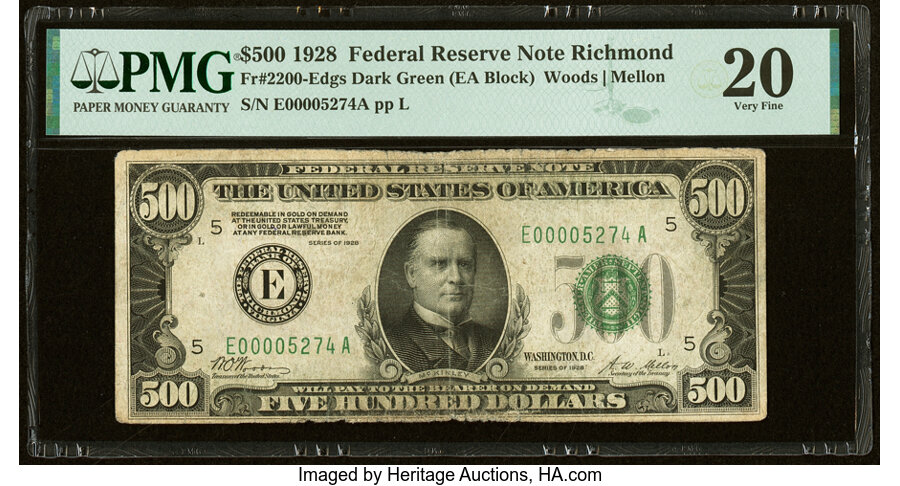 image for: Fr. 2200-E $500 1928 Federal Reserve Note. PMG Very Fine 20....