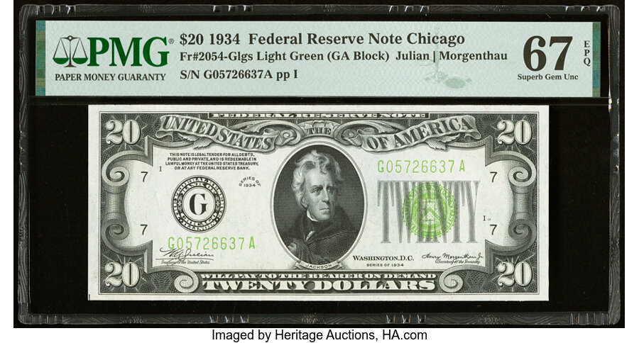 image for: Fr. 2054-G $20 1934 Light Green Seal Federal Reserve Note. PMG Superb Gem Unc 67 EPQ....
