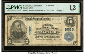image for: Calexico, CA - $5 1902 Plain Back Fr. 601 The First National Bank Ch. # 9686 PMG Fine 12....