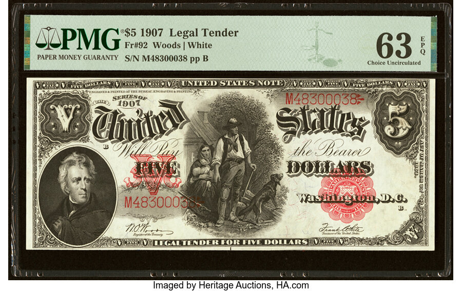 image for: Fr. 92 $5 1907 Legal Tender PMG Choice Uncirculated 63 EPQ....