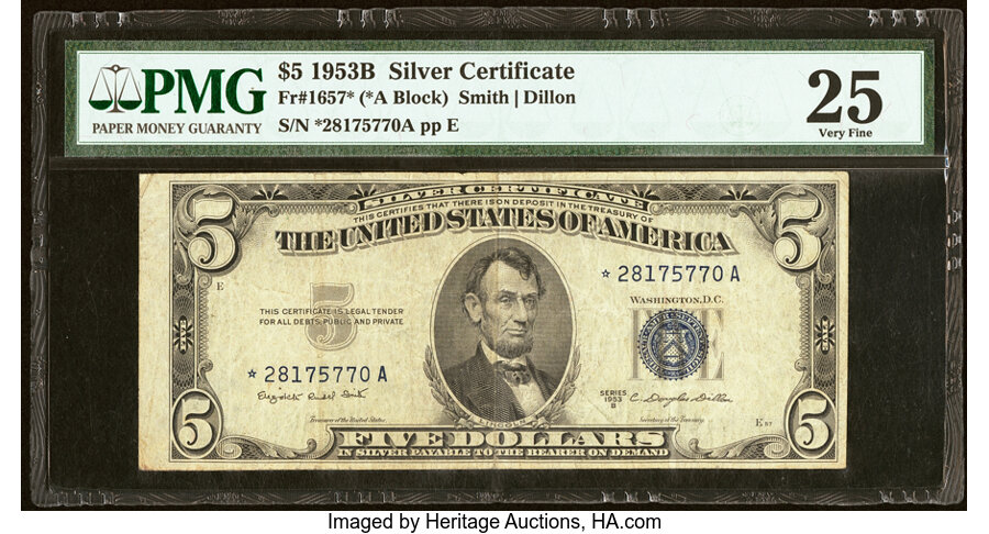 image for: Fr. 1657* $5 1953B Silver Certificate Star. PMG Very Fine 25....