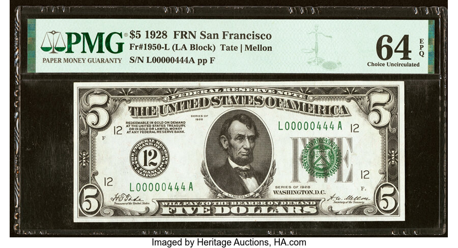 image for: Low Serial Number 444 Fr. 1950-L $5 1928 Federal Reserve Note. PMG Choice Uncirculated 64 EPQ....