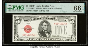 image for: Fr. 1531* $5 1928F Wide I Legal Tender Star Note. PMG Gem Uncirculated 66 EPQ....