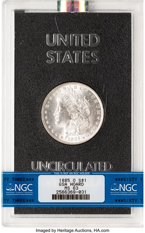 image for: 1885-O $1 GSA MS63 NGC. NGC Census: (0/0). Mintage 9,185,000. ...