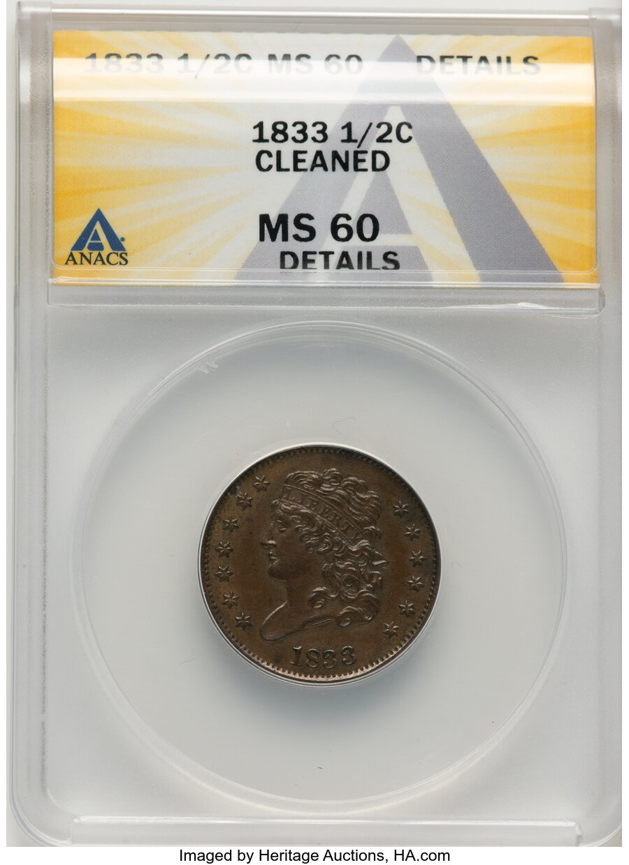 image for: 1833 1/2 C C-1, B-1, R.1 -- Cleaned -- ANACS Details. MS60.  Mintage 120,000....