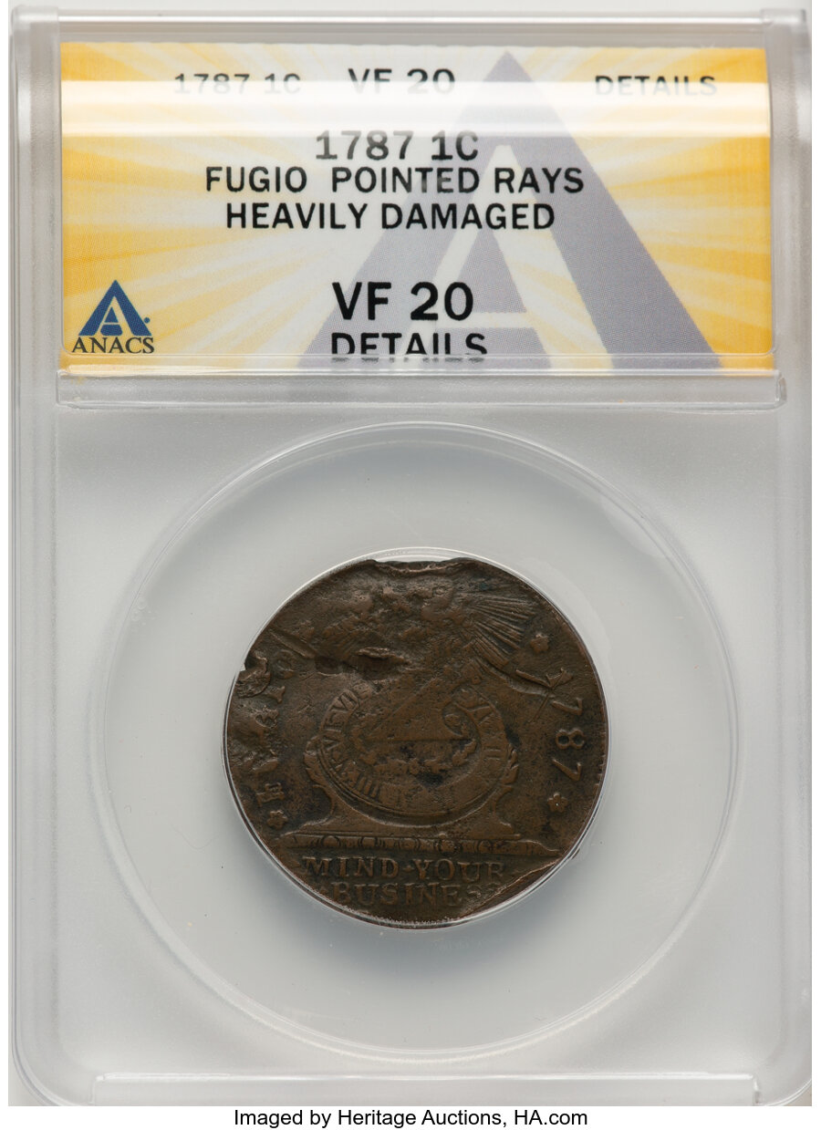 image for: 1787 Fugio Cent, STATES UNITED, 4 Cinquefoils, Pointed Rays, N. 12-M, W-6800, R.3 -- Heavily Damaged -- ANACS Details. VF20. ...