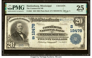 image for: Hattiesburg, MS - $20 1902 Plain Back Fr. 661 The Commercial National Bank Ch. # (S)12478 PMG Very Fine 25....