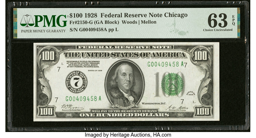 image for: Fr. 2150-G $100 1928 Federal Reserve Note. PMG Choice Uncirculated 63 EPQ....