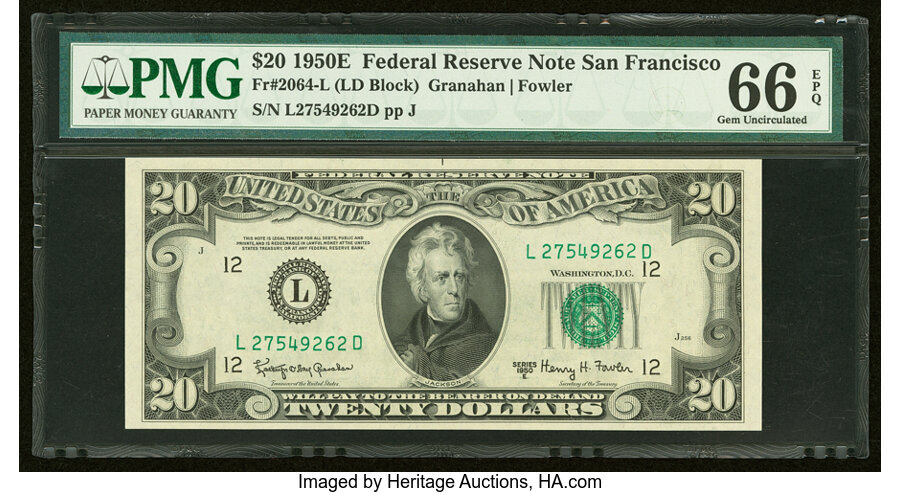 image for: Fr. 2064-L $20 1950E Federal Reserve Note. PMG Gem Uncirculated 66 EPQ....