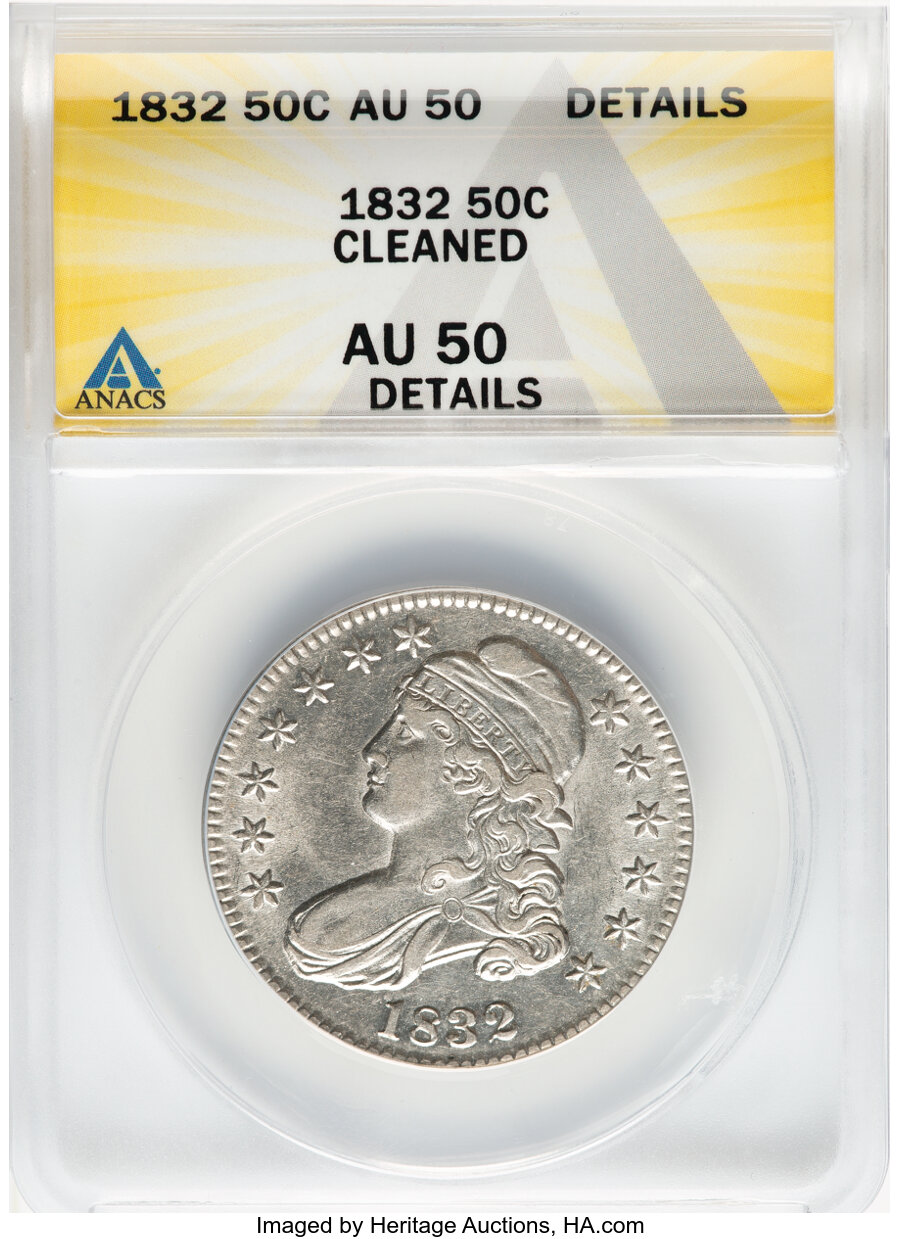 image for: 1832 50C O-106, R.1 -- Cleaned -- ANACS Details. AU50.  Mintage 4,797,000....