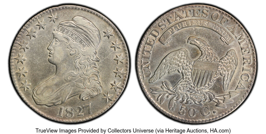 image for: 1827 50C Square Base 2, O-111, R.4, XF40 PCGS. PCGS Population: (3/11).  Mintage 5,493,400....