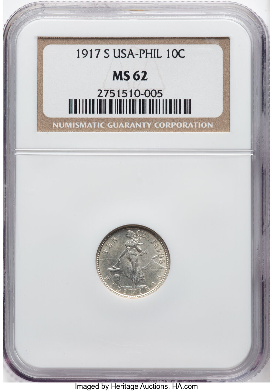 image for: 1917-S 10C Philippines 10 Centavos MS62 NGC. ...