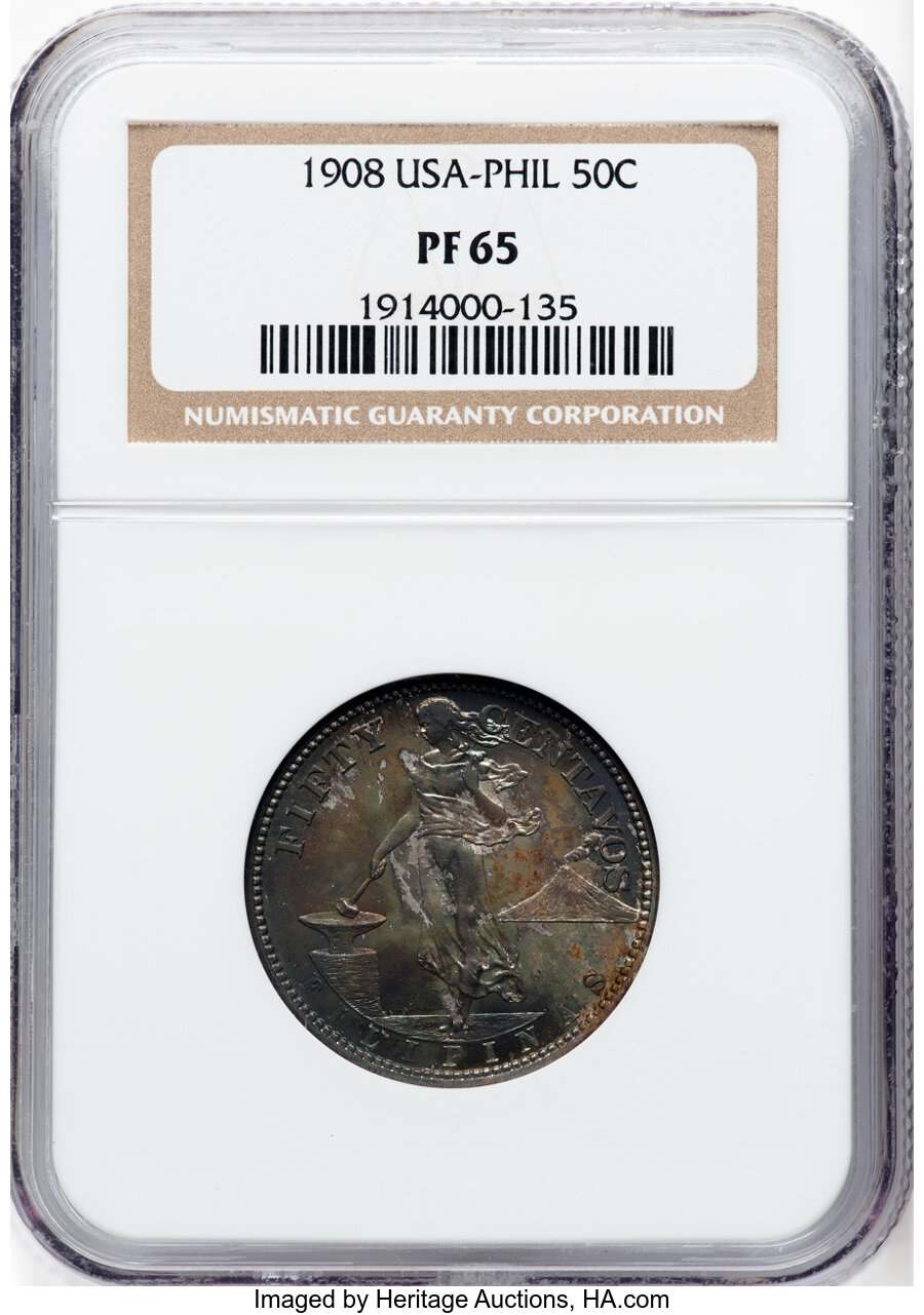 image for: 1908 50C Philippines 50 Centavos PR65 NGC. NGC Census: (0/0).  ...
