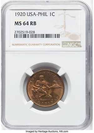 image for: 1920 1C Philippines Centavos MS64 Red and Brown NGC. NGC Census: (0/0)....