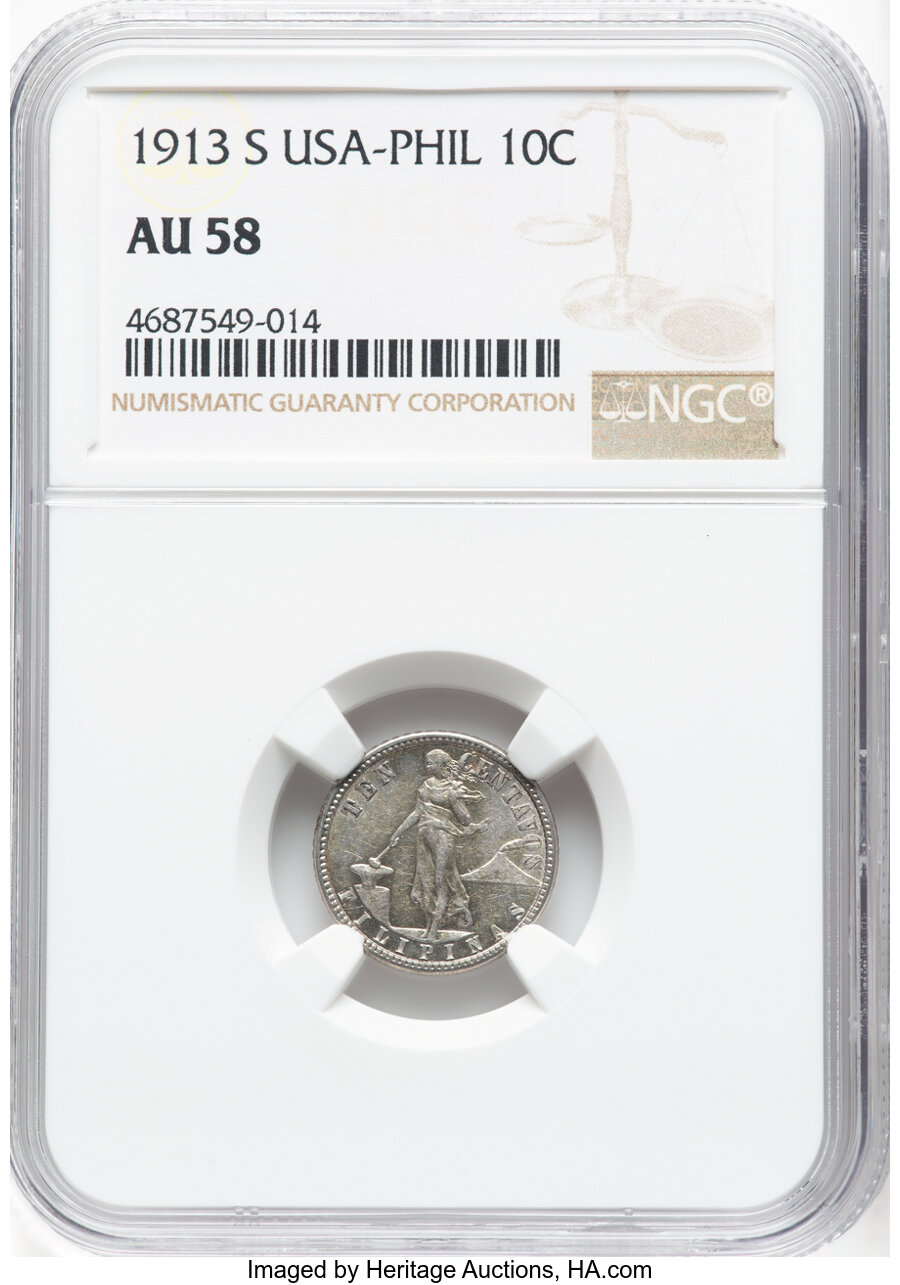 image for: 1913-S 10C Philippines 10 Centavos AU58 NGC. NGC Census: (0/0).  ...