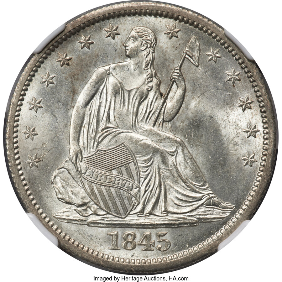 image for: 1845-O 50C Repunched Date, Medium O, WB-108, FS-303, Die Pair 1, R.2, MS65 NGC....