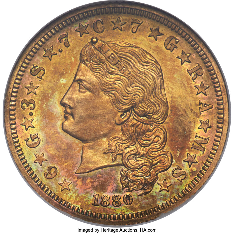 image for: 1880 $4 Flowing Hair Stella, Judd-1659, Pollock-1859, R.7, Gilt, PR64 NGC....
