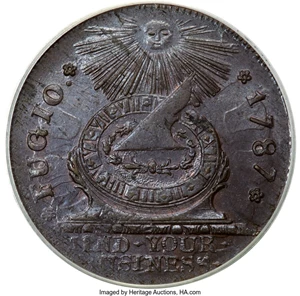 image for: 1787 Fugio Cent, STATES UNITED, 4 Cinquefoils, Pointed Rays, N. 13-X, W-6855, R.2, MS64 Brown PCGS. CAC....