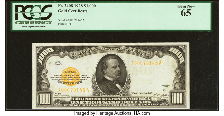 image for: Fr. 2408 $1,000 1928 Gold Certificate. PCGS Gem New 65....