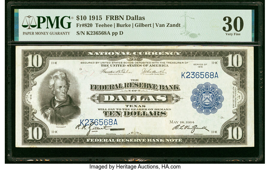 image for: Fr. 820 $10 1915 Federal Reserve Bank Note PMG Very Fine 30....
