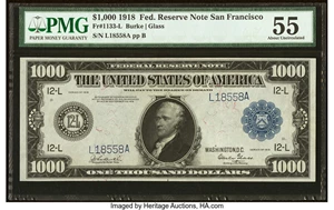 image for: Fr. 1133-L $1,000 1918 Federal Reserve Note PMG About Uncirculated 55....