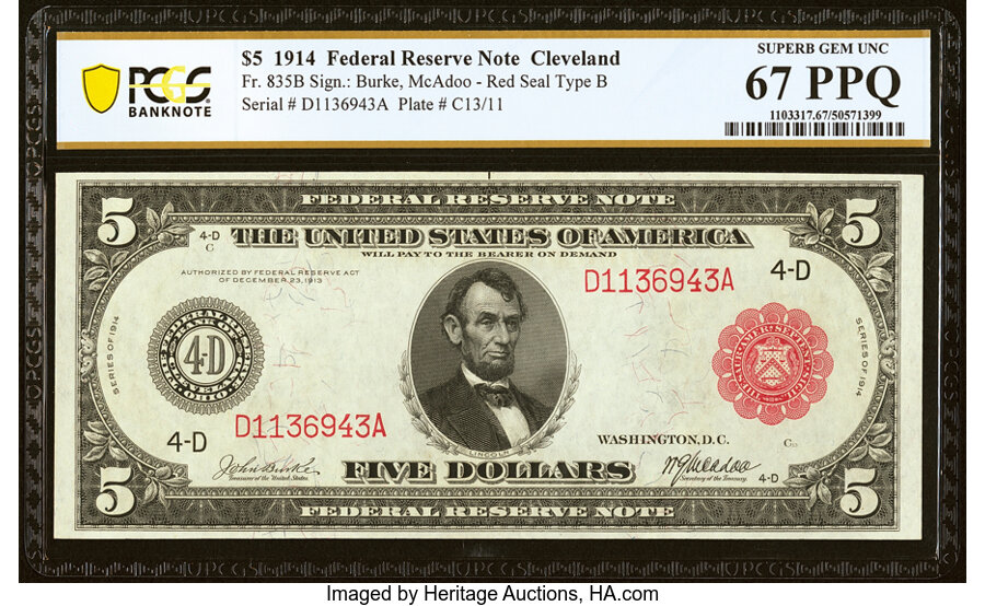 image for: Fr. 835b $5 1914 Red Seal Federal Reserve Note PCGS Banknote Superb Gem Unc 67 PPQ....