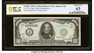 image for: Fr. 2212-J $1,000 1934A Federal Reserve Note. PCGS Banknote Choice Unc 63....