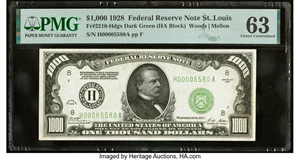 image for: Fr. 2210-H $1,000 1928 Federal Reserve Note. PMG Choice Uncirculated 63....