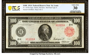 image for: Fr. 1079a $100 1914 Red Seal Federal Reserve Note PCGS Banknote Very Fine 30....