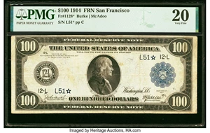 image for: Low Serial Number L51* Fr. 1128* $100 1914 Federal Reserve Star Note PMG Very Fine 20....