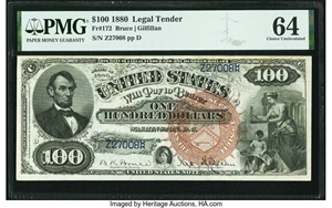 image for: Fr. 172 $100 1880 Legal Tender PMG Choice Uncirculated 64....