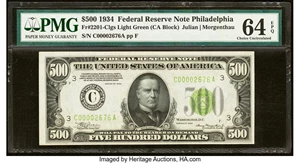 image for: Fr. 2201-C $500 1934 Light Green Seal Federal Reserve Note. PMG Choice Uncirculated 64 EPQ....