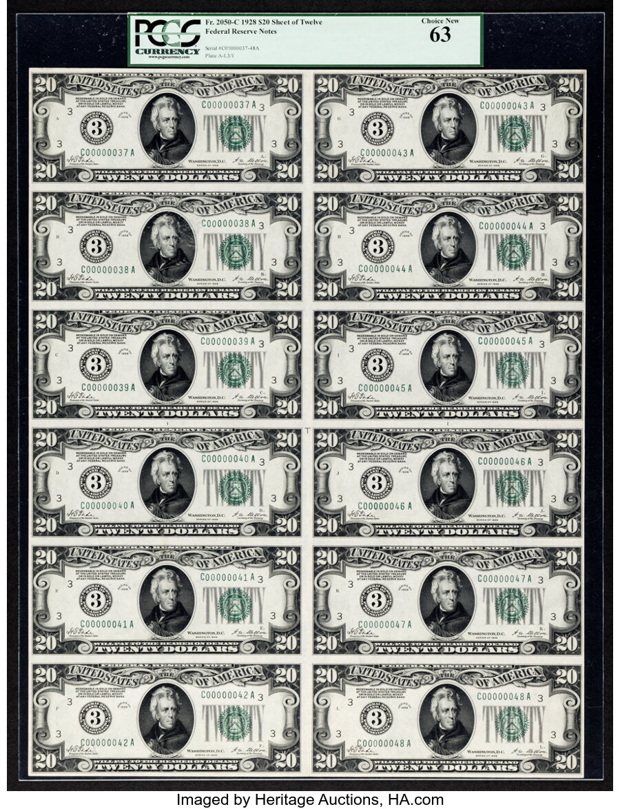 image for: Fr. 2050-C $20 1928 Federal Reserve Notes. Uncut Sheet of Twelve. PCGS Choice New 63....