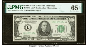 image for: Fr. 2202-L $500 1934A Federal Reserve Note. PMG Gem Uncirculated 65 EPQ....