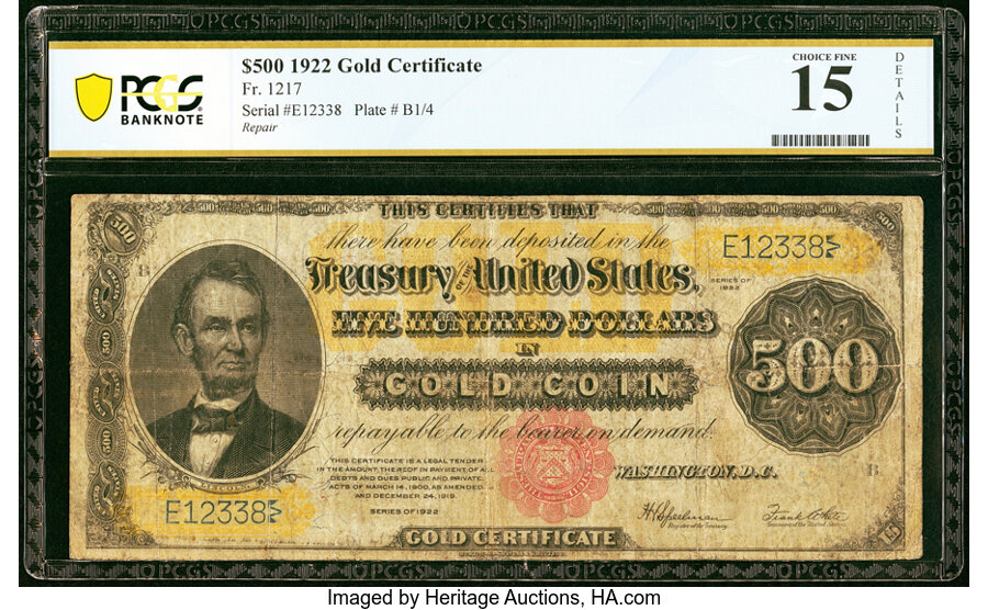 image for: Fr. 1217 $500 1922 Gold Certificate PCGS Banknote Choice Fine 15 Details....