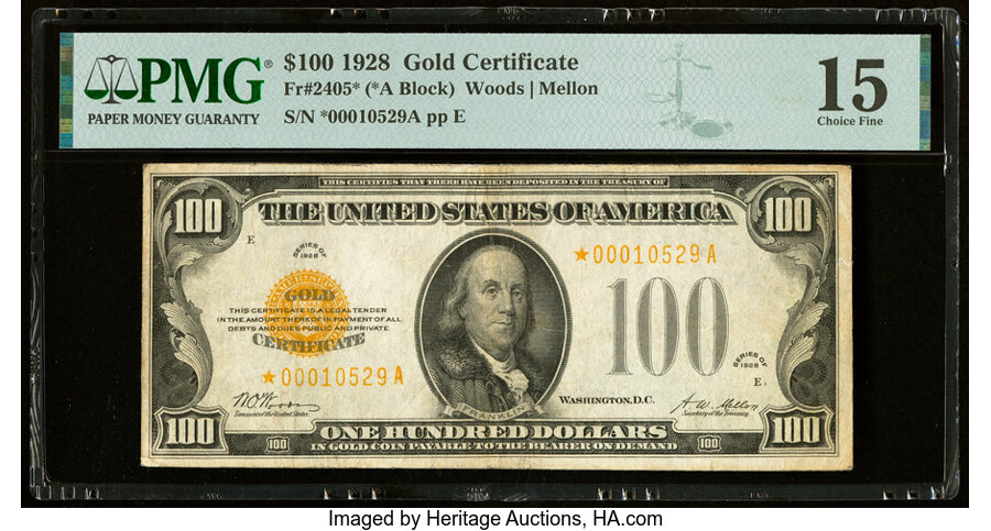 image for: Fr. 2405* $100 1928 Gold Certificate Star. PMG Choice Fine 15....