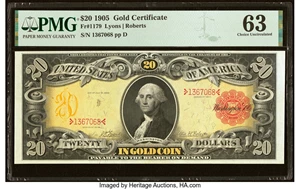 image for: Fr. 1179 $20 1905 Gold Certificate PMG Choice Uncirculated 63....