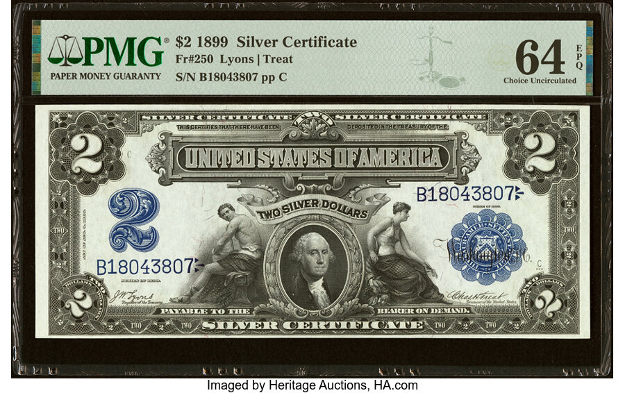 image for: Fr. 250 $2 1899 Silver Certificate PMG Choice Uncirculated 64 EPQ....