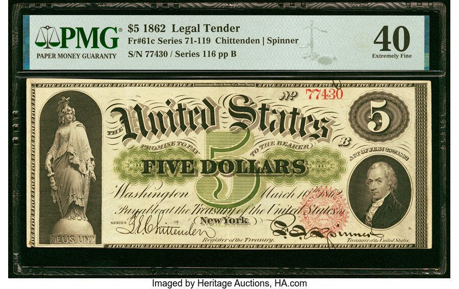 image for: Fr. 61c $5 1862 Legal Tender PMG Extremely Fine 40....