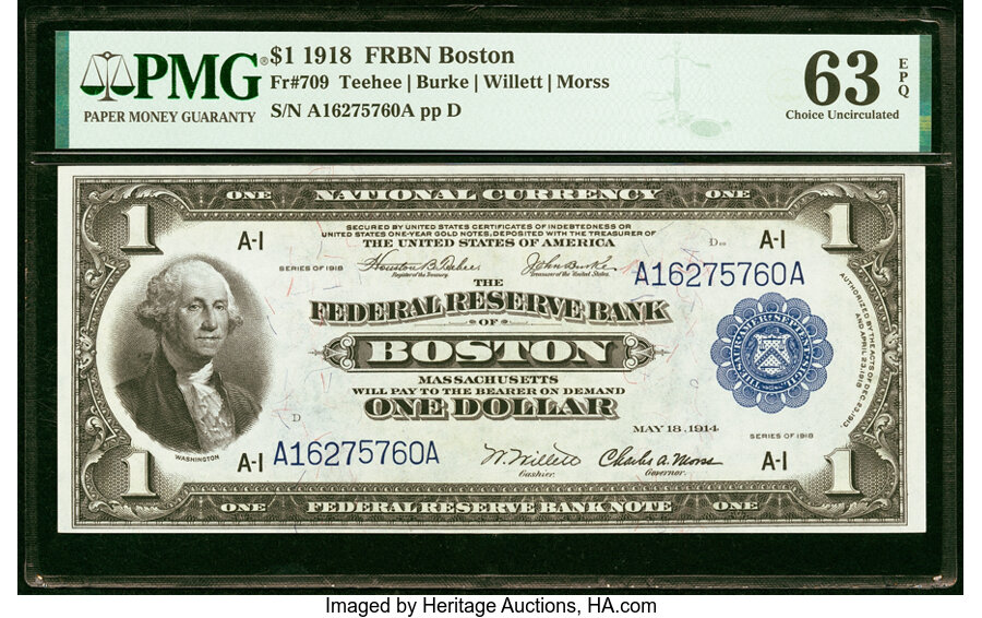 image for: Fr. 709 $1 1918 Federal Reserve Bank Note PMG Choice Uncirculated 63 EPQ....