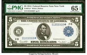 image for: Fr. 851a* $5 1914 Federal Reserve Star Note PMG Gem Uncirculated 65 EPQ....