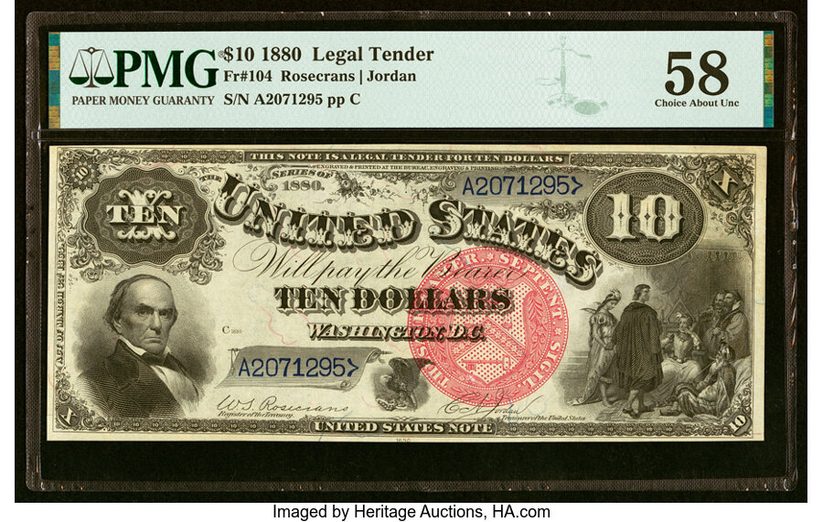 image for: Fr. 104 $10 1880 Legal Tender PMG Choice About Unc 58....