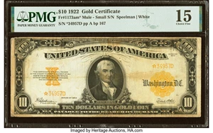 image for: Fr. 1173a* $10 1922 Mule Gold Certificate Star PMG Choice Fine 15....