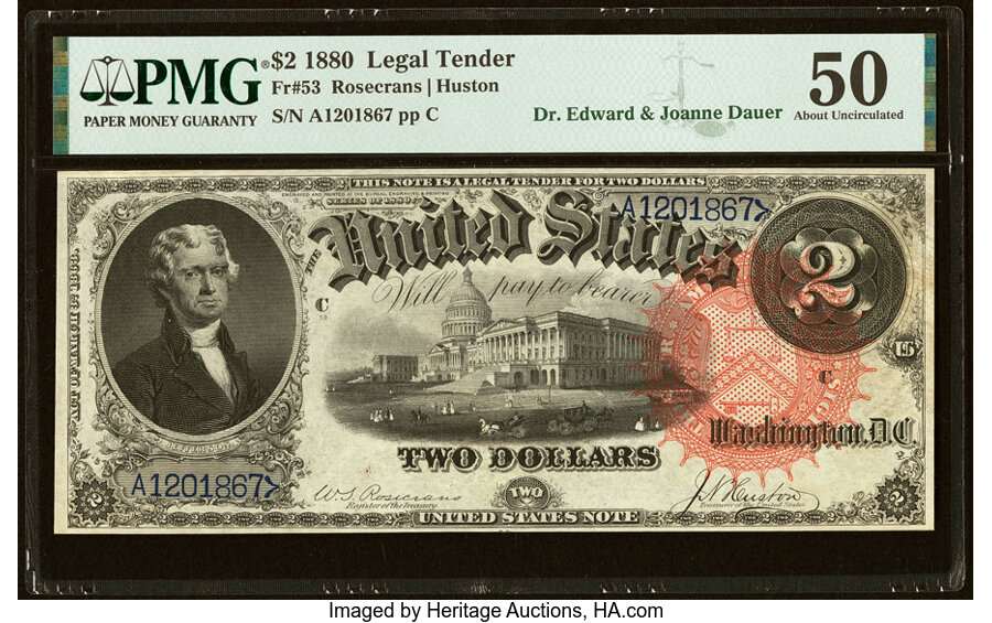 image for: Fr. 53 $2 1880 Legal Tender PMG About Uncirculated 50....