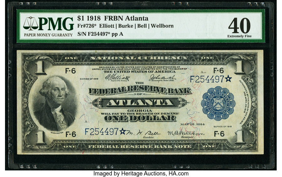 image for: Fr. 726* $1 1918 Federal Reserve Bank Star Note PMG Extremely Fine 40....