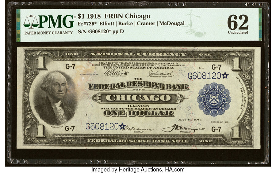 image for: Fr. 729* $1 1918 Federal Reserve Bank Star Note PMG Uncirculated 62....