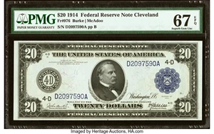 image for: Fr. 976 $20 1914 Federal Reserve Note PMG Superb Gem Unc 67 EPQ....